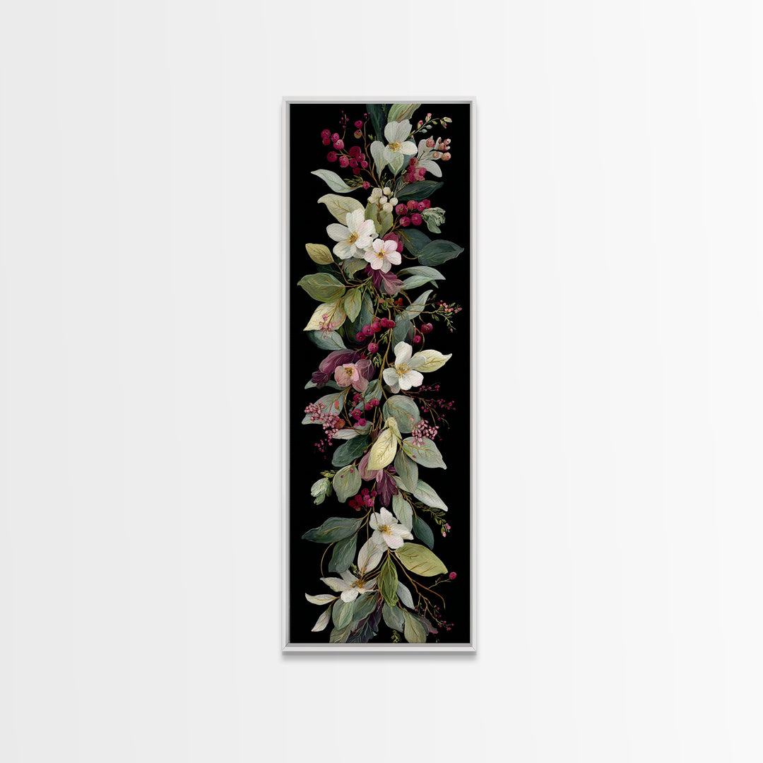 Botanical Wreath with Leaves Berries and Flowers Canvas Print, Botanical Art, Oil Painting, Living Room Decor, Botanic, BOT-1x3-60