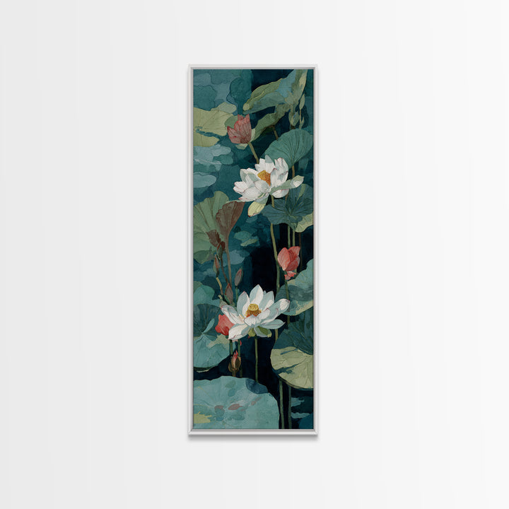 Lotus Flower and Lily Pads on Still Framed Canvas Print, Botanical Art, Sage Green Wall Art, Living Room Decor, Oil Painting, BOT-1x3-79