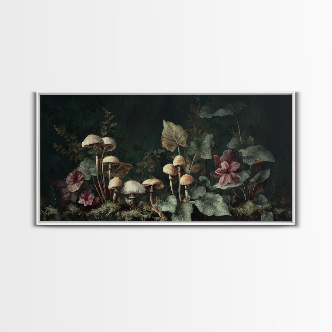 Mushrooms and Moss Botanical Field Study Framed Canvas Print, Botanical Art, Living Room Decor, Watercolor Art, Botanic, BOT-2x1-29