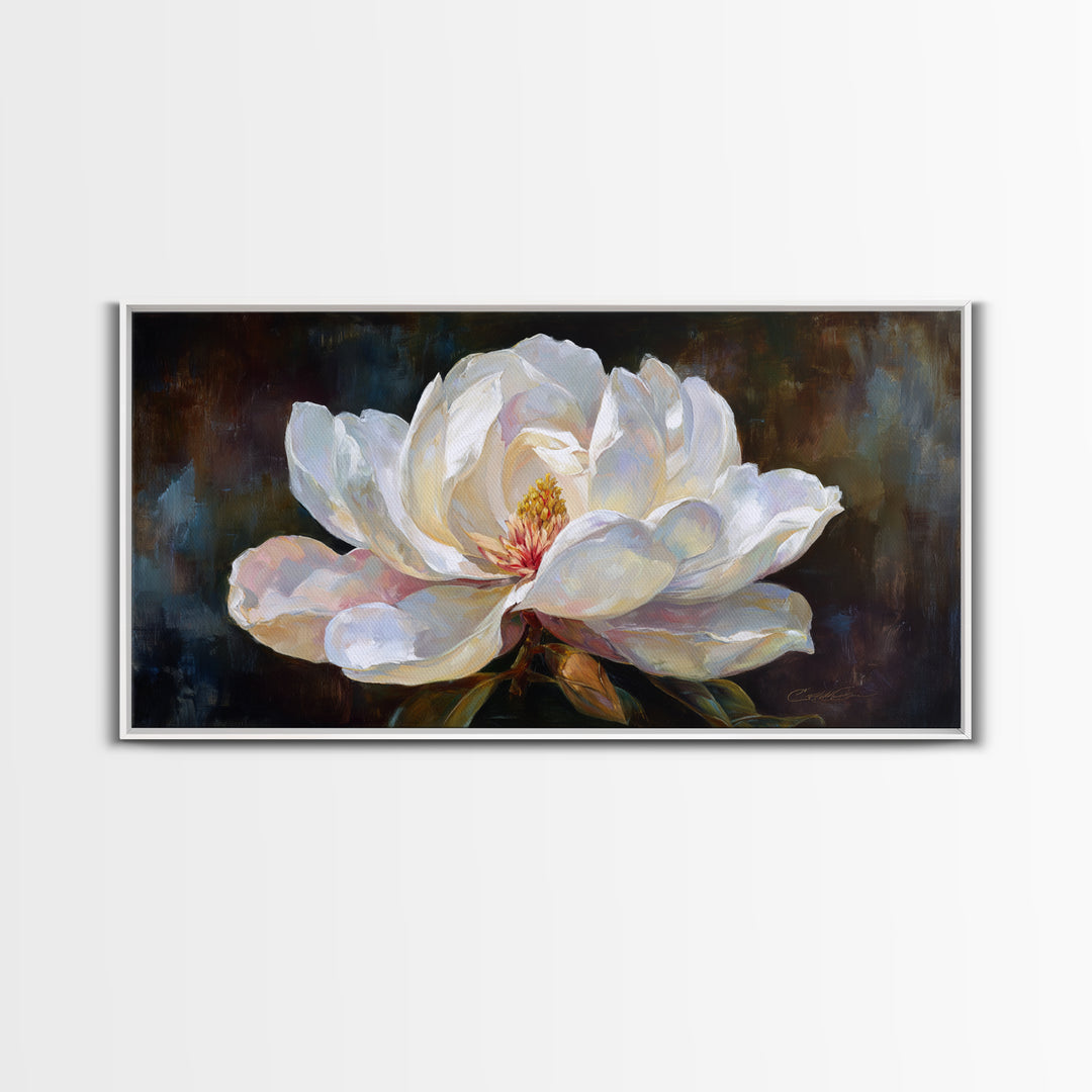 Dramatic White Magnolia on Dark Background Framed Canvas Print, Botanical Art, Art, Living Room Decor, Oil Painting, Botanic, BOT-2x1-50