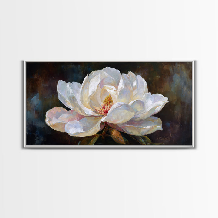 Dramatic White Magnolia on Dark Background Framed Canvas Print, Botanical Art, Art, Living Room Decor, Oil Painting, Botanic, BOT-2x1-50