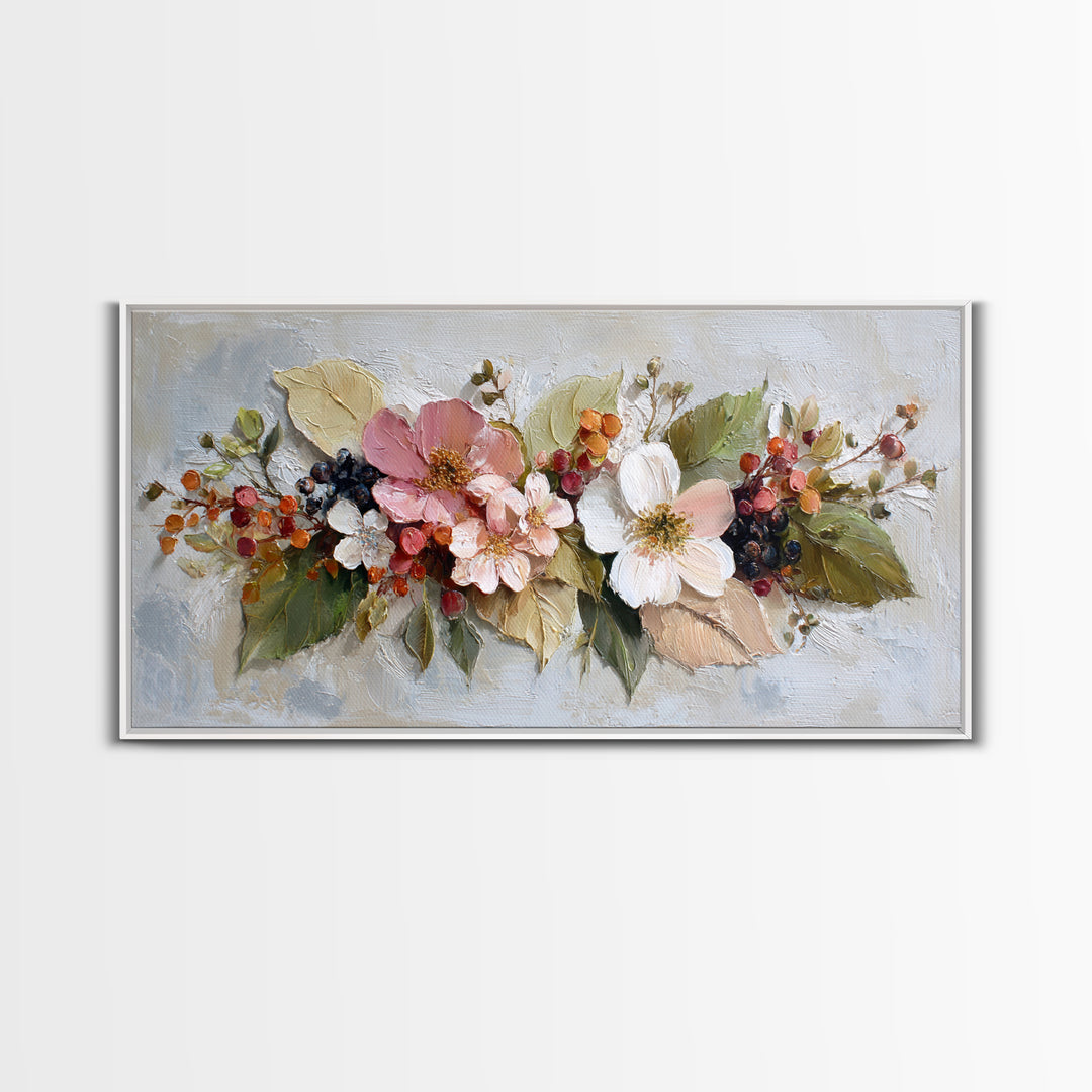 Botanical Wreath with Leaves Berries and Flowers Canvas Print, Botanical Art, Wall Art Prints, Living Room Decor, Botanic, BOT-2x1-68