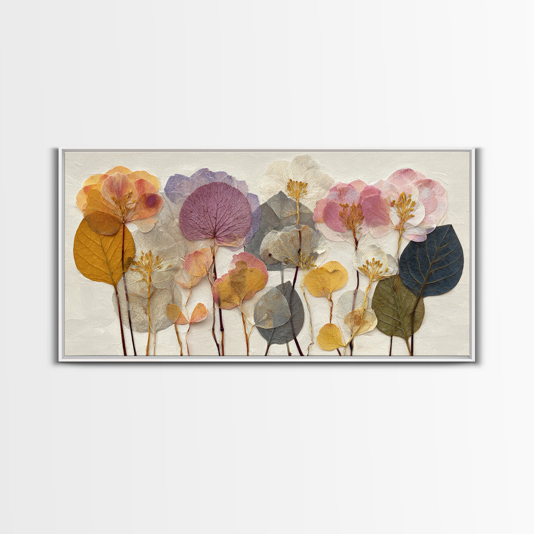 Pressed Flower Collage Framed Canvas Print, Botanical Art, Living Room Decor, Botanic, Fine Art Print, Statement Artwork, BOT-2x1-96