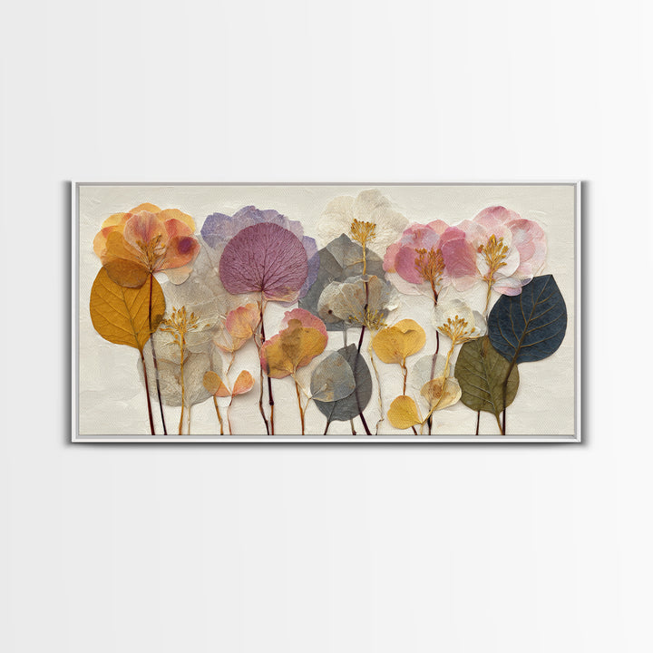 Pressed Flower Collage Framed Canvas Print, Botanical Art, Living Room Decor, Botanic, Fine Art Print, Statement Artwork, BOT-2x1-96