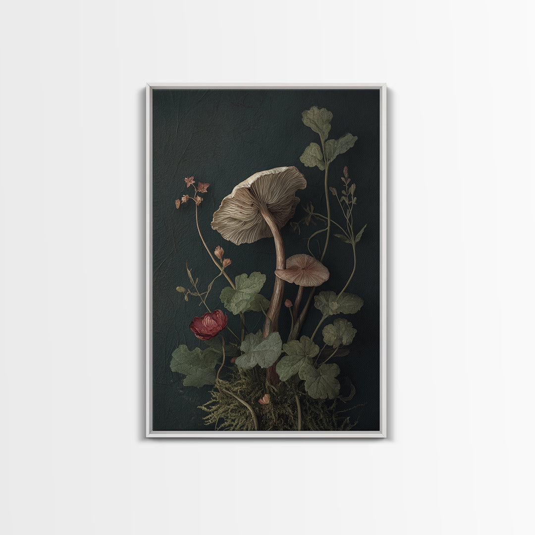Mushrooms and Moss Botanical Field Study Framed Canvas Print, Botanical Art, Oil Painting, Living Room Decor, Fine Art, Botanic, BOT-2x3-17