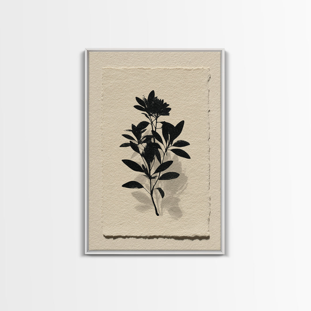 Black Ink Botanical Silhouette on Cream Paper Canvas Print, Botanical Art, Living Room Decor, Watercolor Art, Botanic, BOT-2x3-29