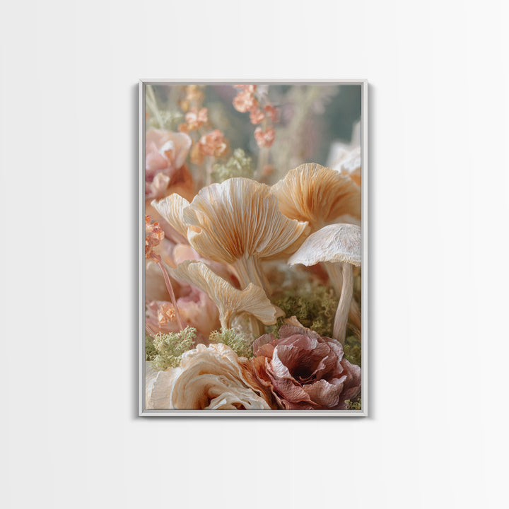 Mushrooms and Moss Botanical Field Study Framed Canvas Print, Botanical Art, Oil Painting, Living Room Decor, Fine Art, Botanic, BOT-2x3-41