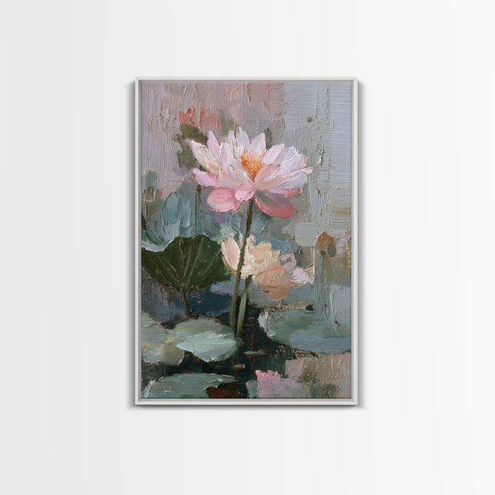 Lotus Flower and Lily Pads on Still Framed Canvas Print, Botanical Art, Living Room Decor, Watercolor Art, Botanic, BOT-2x3-75