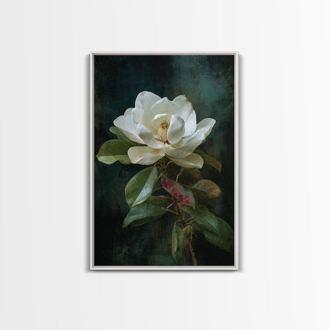 Dramatic White Magnolia on Dark Background Canvas Print, Botanical Art, Oil Painting, Living Room Decor, Fine Art, Botanic, BOT-2x3-86