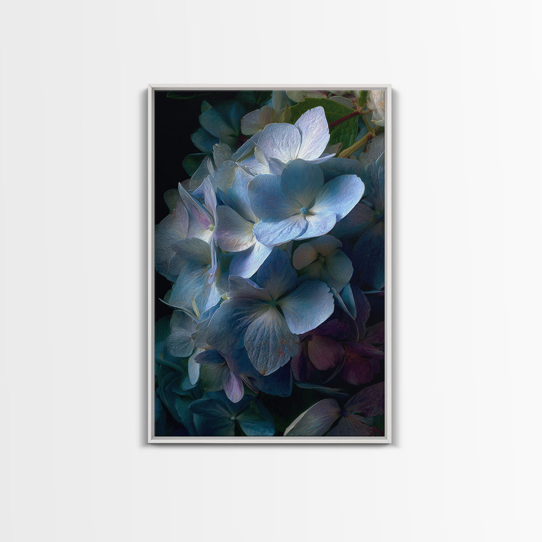 Blue Hydrangea Cluster Framed Canvas Print, Botanical Art, Wall Art Prints, Living Room Decor, Watercolor Art, Botanic, BOT-2x3-98