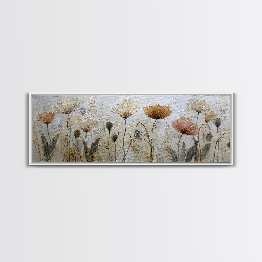 Poppy Field Botanical Study Canvas Print, Botanical Art, Whimsical Decor, Living Room Decor, Oil Painting, Botanic, BOT-3x1-33