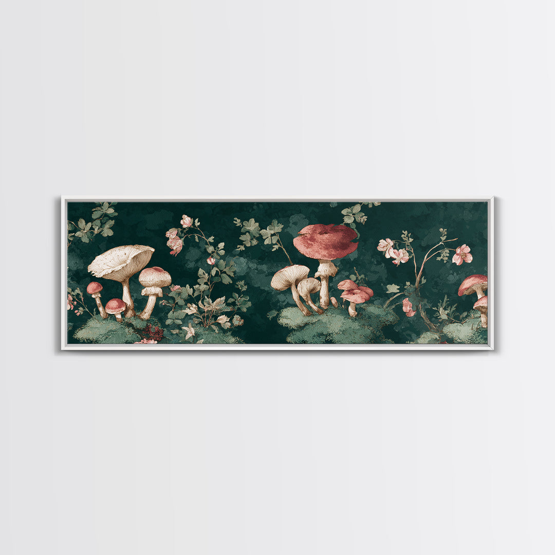 Mushrooms and Moss Botanical Field Study Framed Canvas Print, Botanical Art, Neutral Decor, Living Room Decor, Oil Painting, BOT-3x1-73