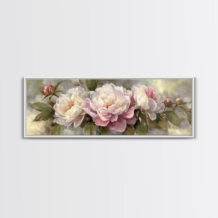 Peony Bloom with Layered Romantic Petals Framed Canvas Print, Botanical Art, Living Room Decor, Botanic, Fine Art Print, BOT-3x1-74