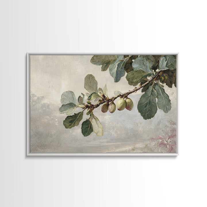 Fig Branch with Fruit and Broad Leaves Framed Canvas Print, Botanical Art, Statement Artwork, Living Room Decor, Botanic, BOT-3x2-19