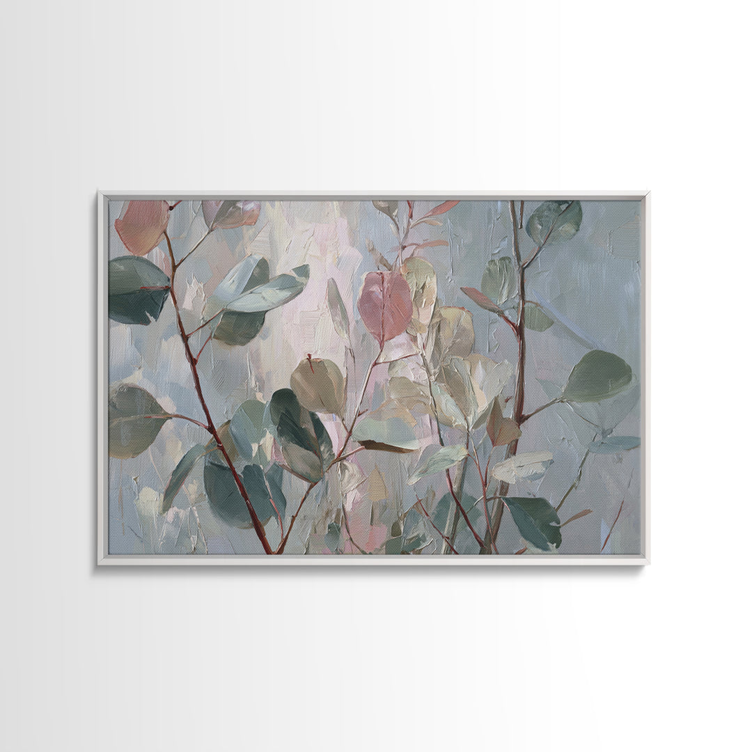 Eucalyptus Stems in Soft Sage Tones Framed Canvas Print, Botanical Art, Whimsical Decor, Living Room Decor, Oil Painting, BOT-3x2-63