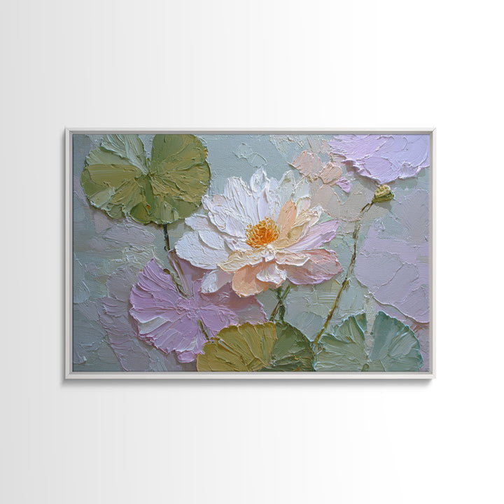 Lotus Flower and Lily Pads on Still Framed Canvas Print, Botanical Art, Living Room Wall Art, Living Room Decor, Botanic, BOT-3x2-71
