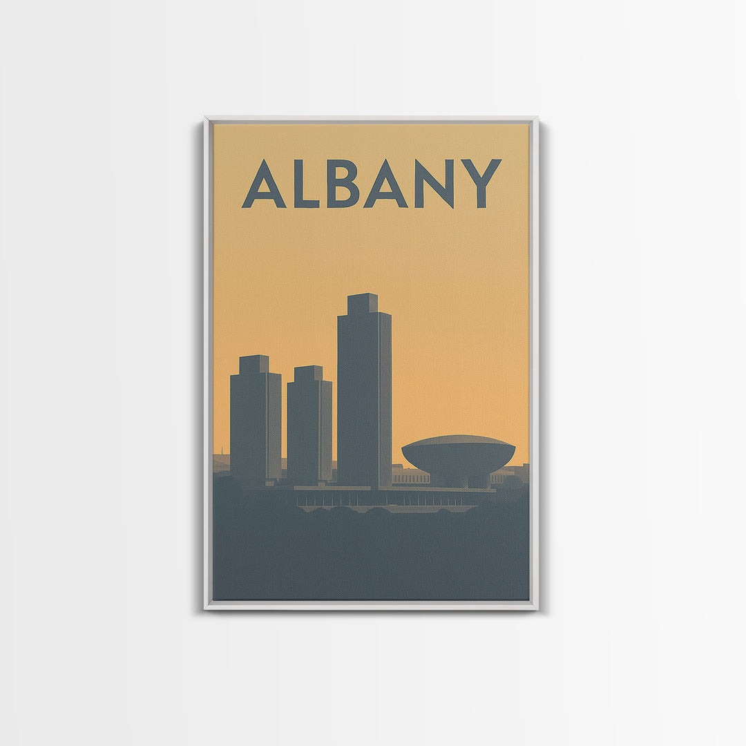 Albany New York Travel Poster, Framed Canvas Print, Sunset Skyline Wall Art, Albany Poster Print, Retro Travel Print, Living Room Wall Art