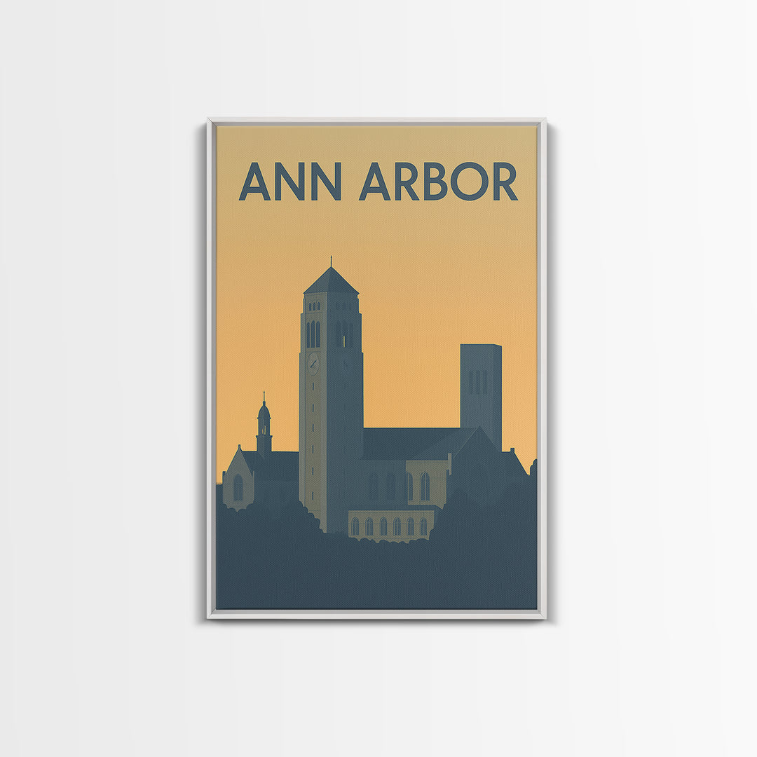 Ann Arbor Travel Poster, Framed Canvas Print, Sunset Skyline Wall Art, Ann Arbor Wall Art, Travel Wall Art, City Illustration, Wall Art