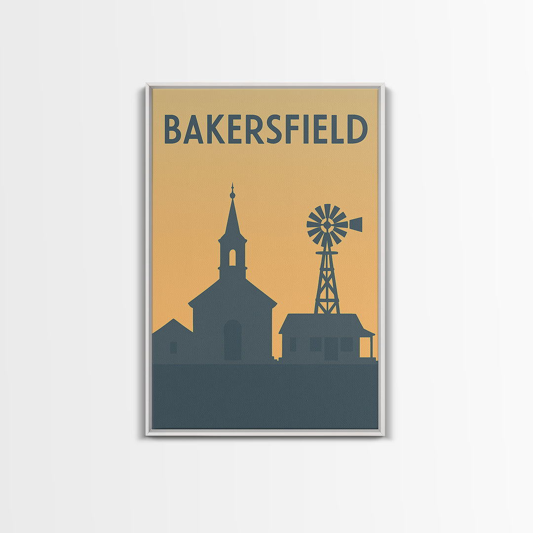 Bakersfield Travel Poster, Framed Canvas Print, Sunset Skyline Wall Art, Bakersfield Wall Art, Wanderlust Decor, Travel Wall Decor