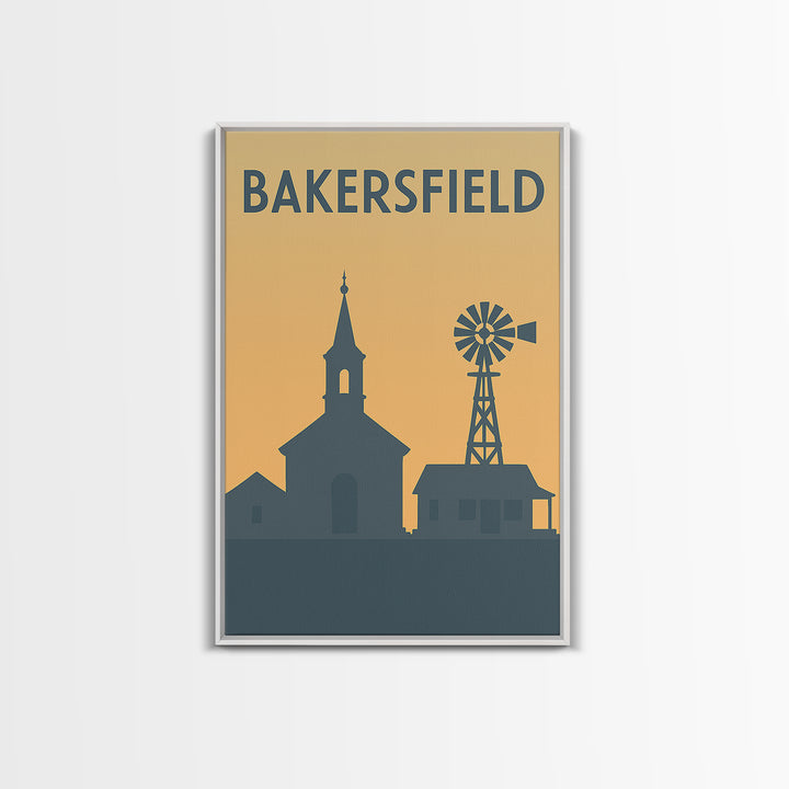 Bakersfield Travel Poster, Framed Canvas Print, Sunset Skyline Wall Art, Bakersfield Wall Art, Wanderlust Decor, Travel Wall Decor