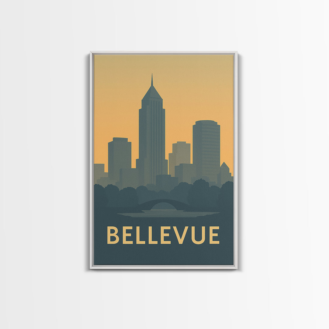 Bellevue Washington Travel Poster, Framed Canvas Print, Minimalist Retro Wall Art, Bellevue City Art, Travel Poster Set, City Art Print