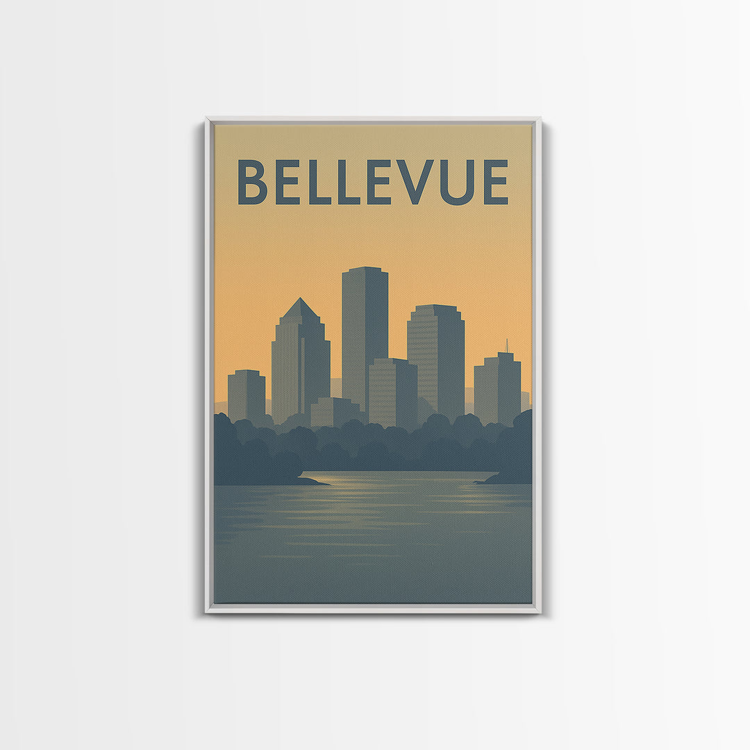 Bellevue Travel Poster, Canvas Print, Mid Century Travel Art, Bellevue Art Print, Travel Art Print, City Illustration, Living Room Wall Art