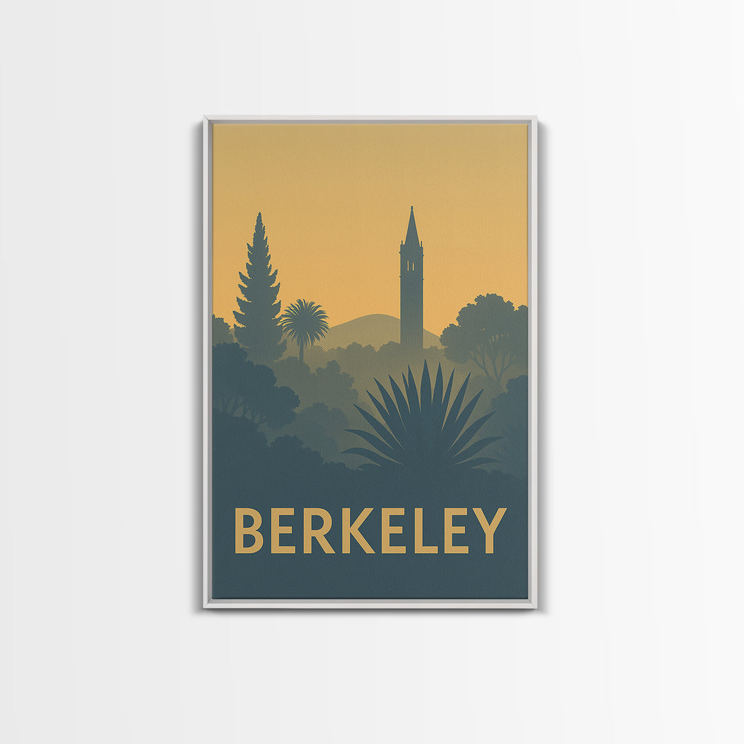 Berkeley Travel Poster, Framed Canvas Print, Sunset Skyline Wall Art, Berkeley City Art, Mid Century Wall Art, Vintage City Poster