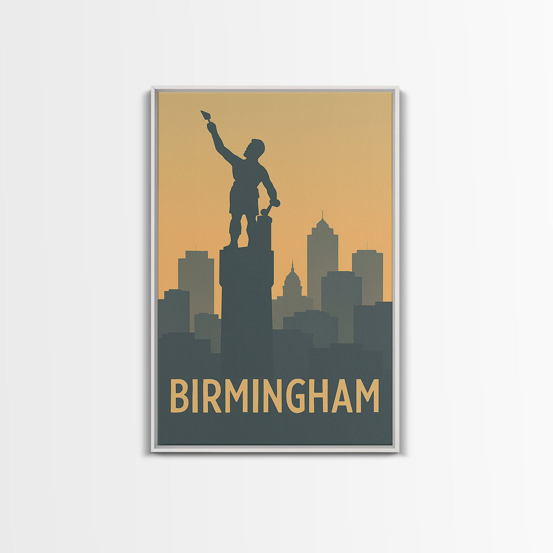 Birmingham Travel Poster, Framed Canvas Print, Sunset Skyline Wall Art, Birmingham Poster Print, City Art Print, Vintage City Art
