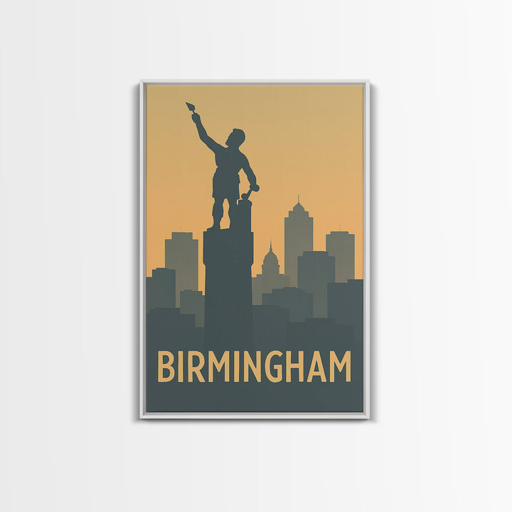 Birmingham Travel Poster, Framed Canvas Print, Sunset Skyline Wall Art, Birmingham Poster Print, City Art Print, Vintage City Art