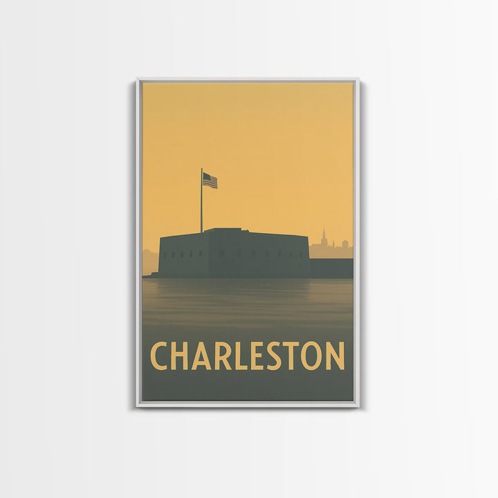 Charleston Travel Poster, Framed Canvas Print, Sunset Skyline Wall Art, Charleston City Art, Home Office Decor, Wanderlust Decor