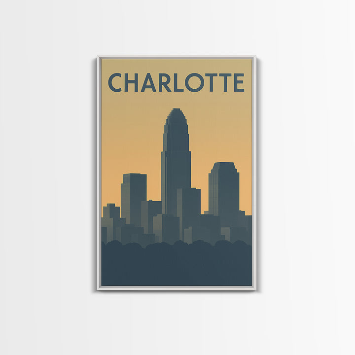 Charlotte North Carolina Travel Poster, Canvas Print, Sunset Skyline Wall Art, Charlotte Art Print, Watercolor Urban Skyline, Travel Art