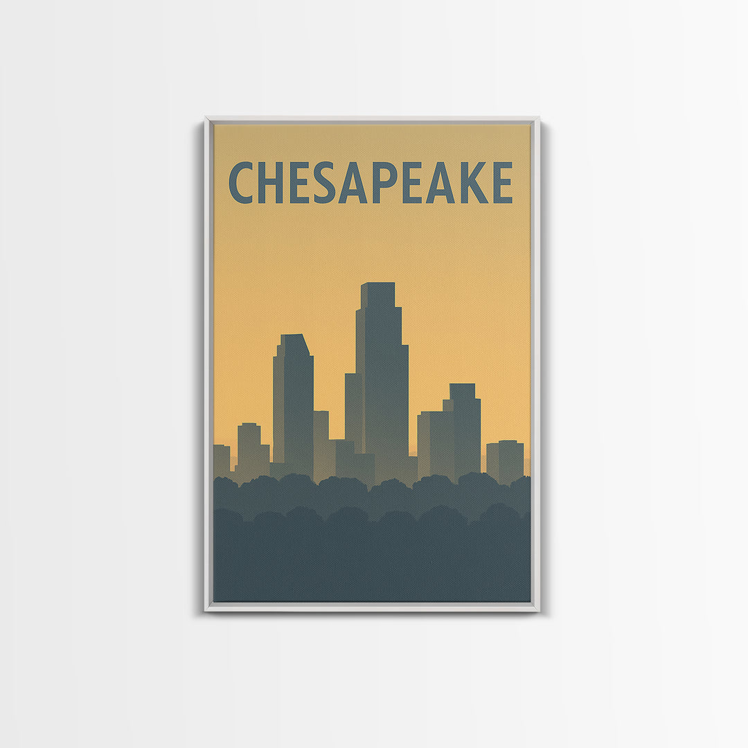 Chesapeake Virginia Travel Poster, Framed Canvas Print, Sunset Skyline Wall Art, Chesapeake Wall Art, Retro Travel Print, Home Office Decor