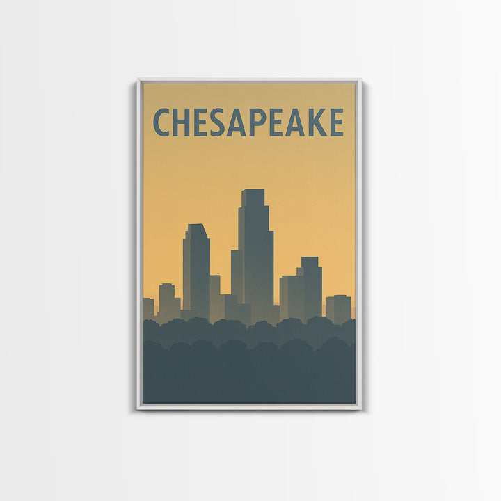 Chesapeake Virginia Travel Poster, Framed Canvas Print, Sunset Skyline Wall Art, Chesapeake Wall Art, Retro Travel Print, Home Office Decor