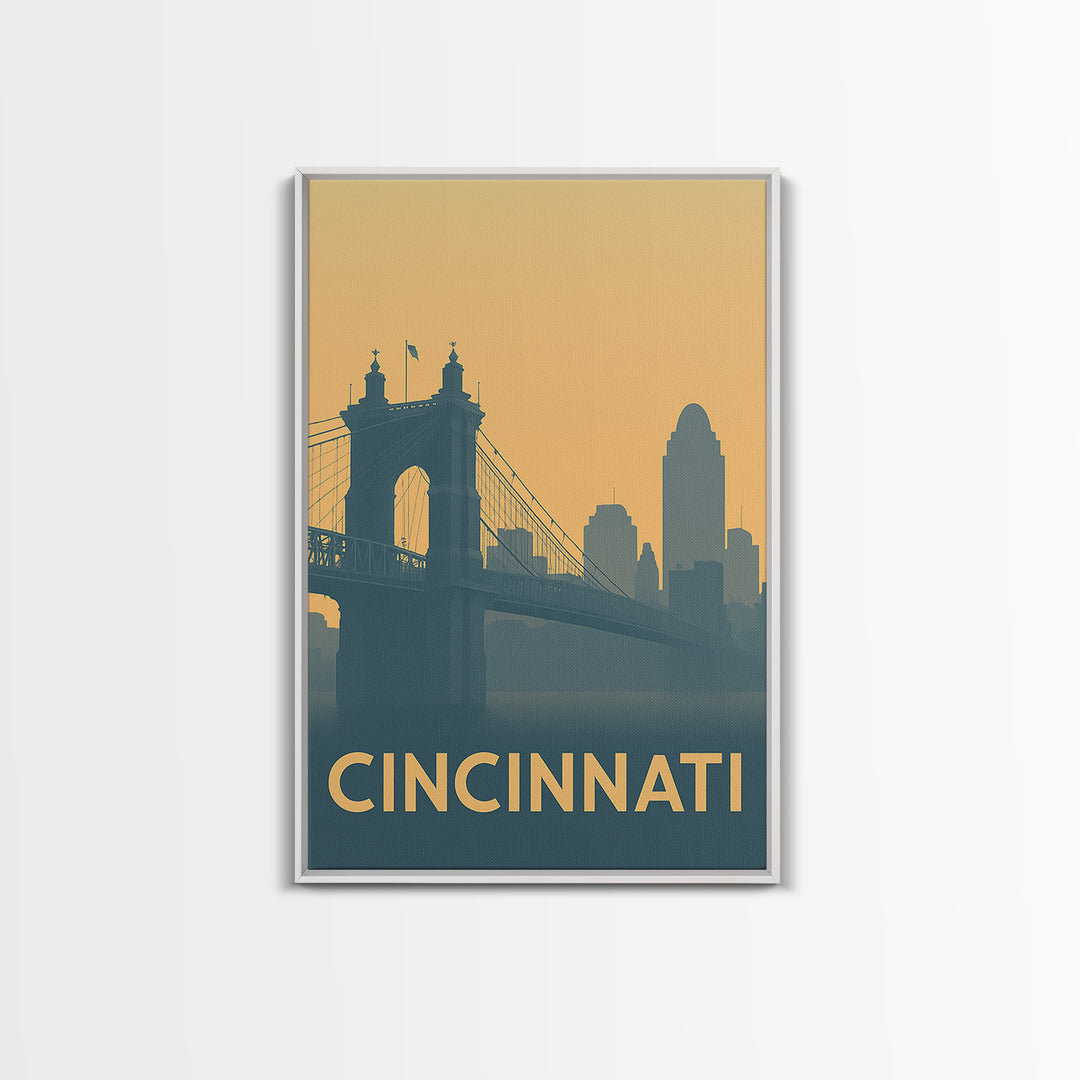 Cincinnati Travel Poster, Framed Canvas Print, Minimalist Retro Wall Art, Cincinnati Wall Art, Vintage Travel Print, Travel Poster Art