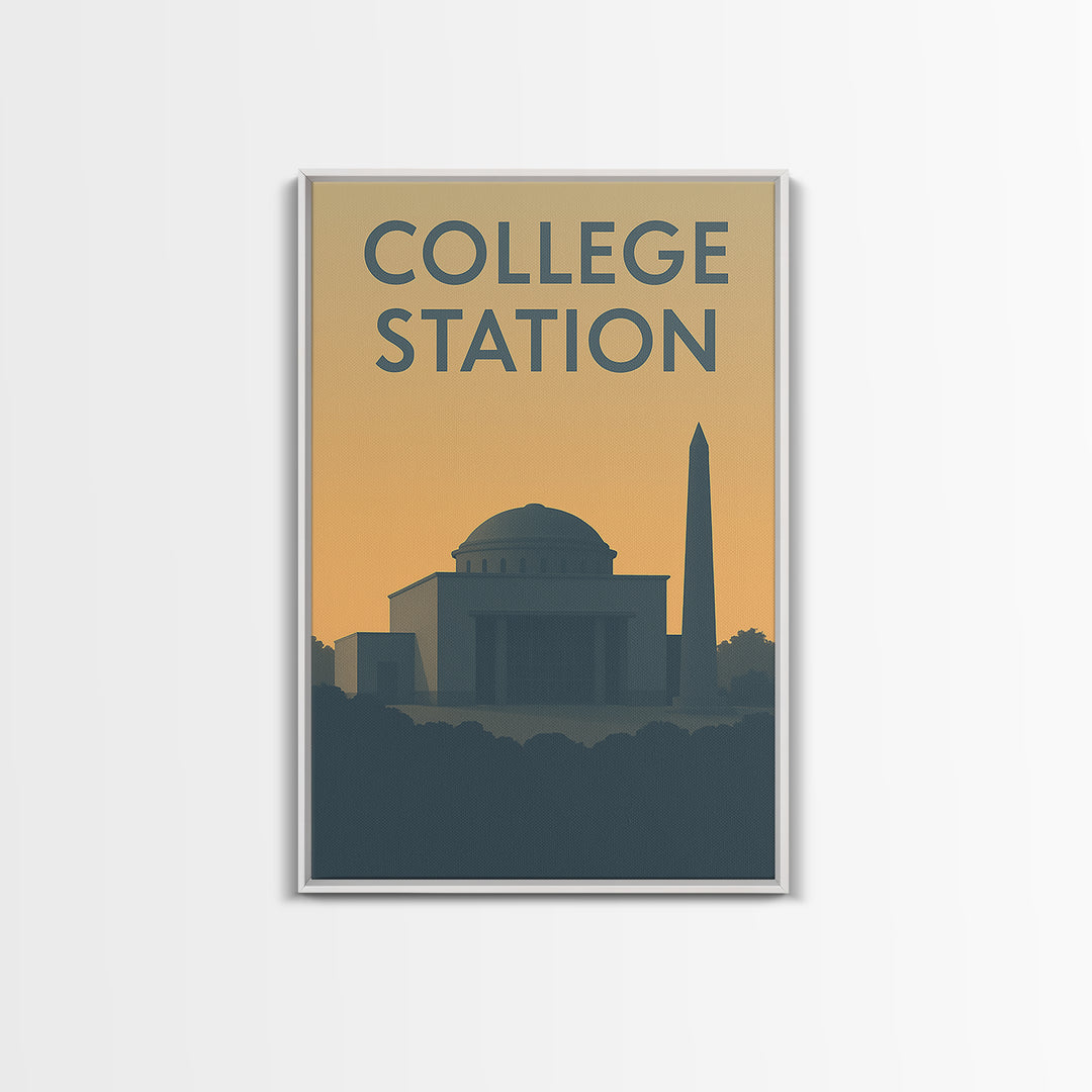 College Station Texas Travel Poster, Canvas Print, Sunset Skyline Wall Art, College Station Wall Art, Travel Art Print, Vintage City Art