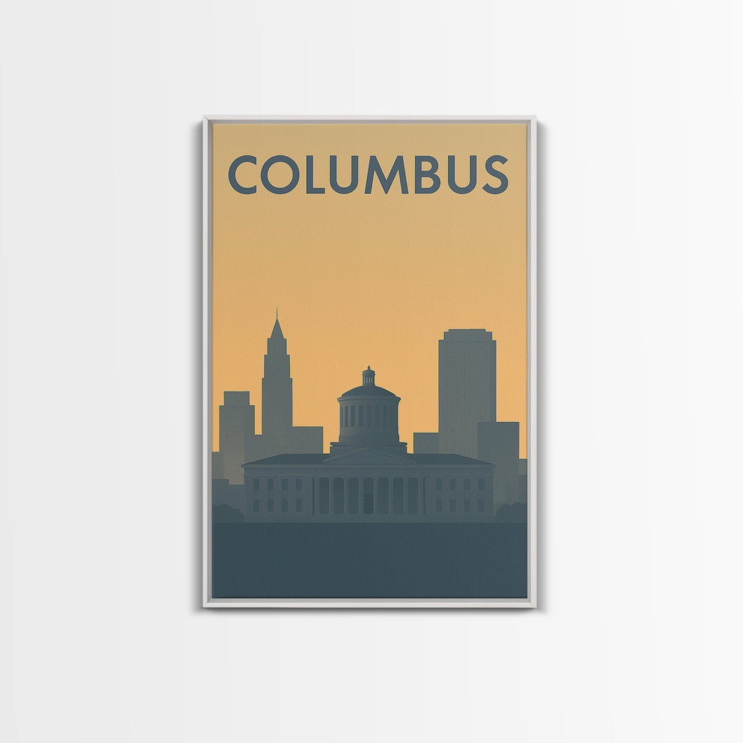 Columbus Travel Poster, Framed Canvas Print, Sunset Skyline Wall Art, Columbus Poster Print, Travel Wall Art, Travel Poster Art