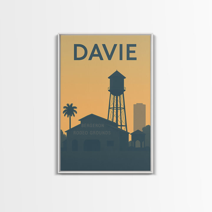 Davie Florida Travel Poster, Framed Canvas Print, Sunset Skyline Wall Art, Davie Art Print, Mid Century Wall Art, City Travel Prints