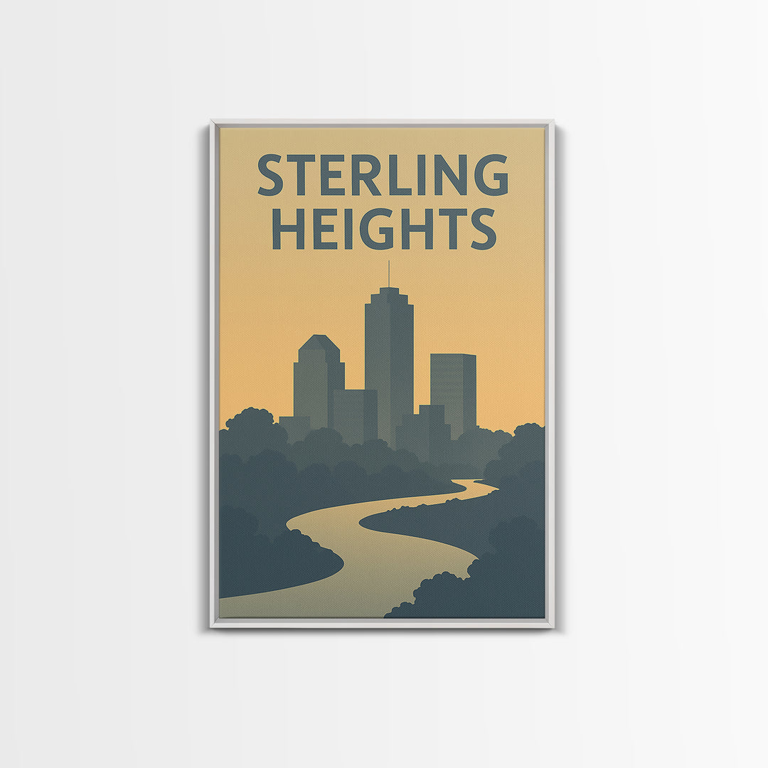 Sterling Heights Travel Poster, Canvas Print, Sunset Skyline Wall Art, Sterling Heights Travel Art, Watercolor Urban Skyline, Office Decor