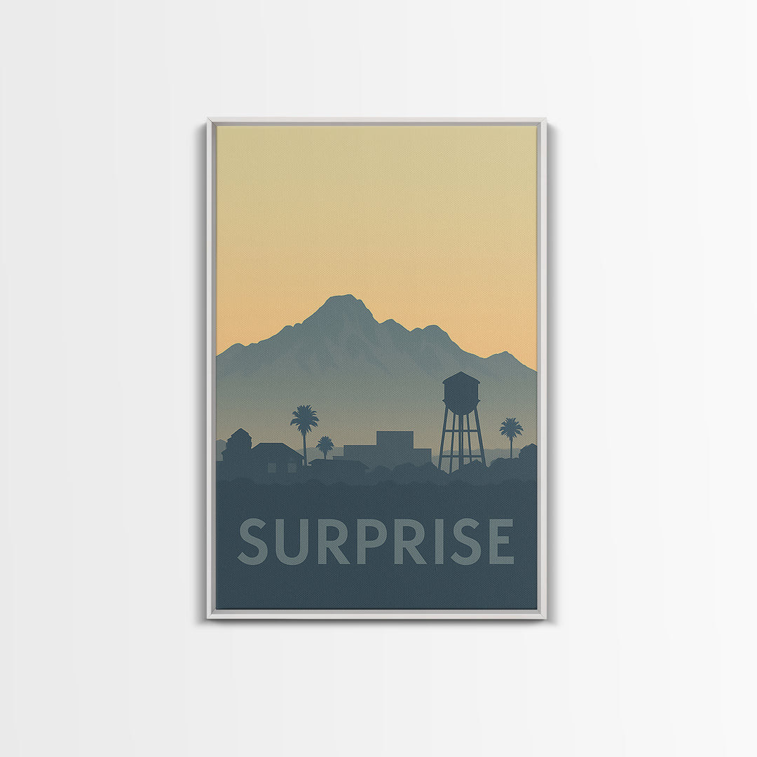 Surprise Travel Poster, Framed Canvas Print, Sunset Skyline Wall Art, Surprise Poster Print, Travel Poster Art, Eclectic Wall Decor
