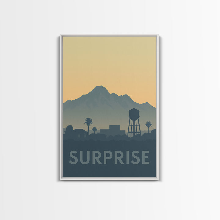 Surprise Travel Poster, Framed Canvas Print, Sunset Skyline Wall Art, Surprise Poster Print, Travel Poster Art, Eclectic Wall Decor
