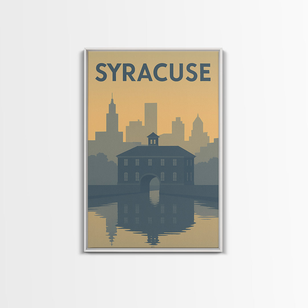Syracuse New York Travel Poster, Framed Canvas Print, Sunset Skyline Wall Art, Syracuse City Art, Retro Travel Print, Modern Wall Decor