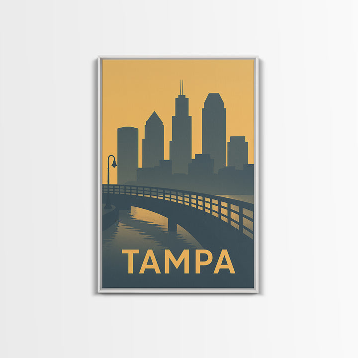 Tampa Florida Travel Poster, Framed Canvas Print, Mid Century Travel Art, Tampa Travel Art, Mid Century Wall Art, Watercolor City Skyline
