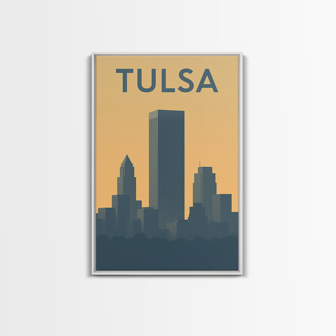Tulsa Travel Poster, Framed Canvas Print, Sunset Skyline Wall Art, Tulsa Art Print, City Travel Prints, Wanderlust Decor, Travel Wall Decor