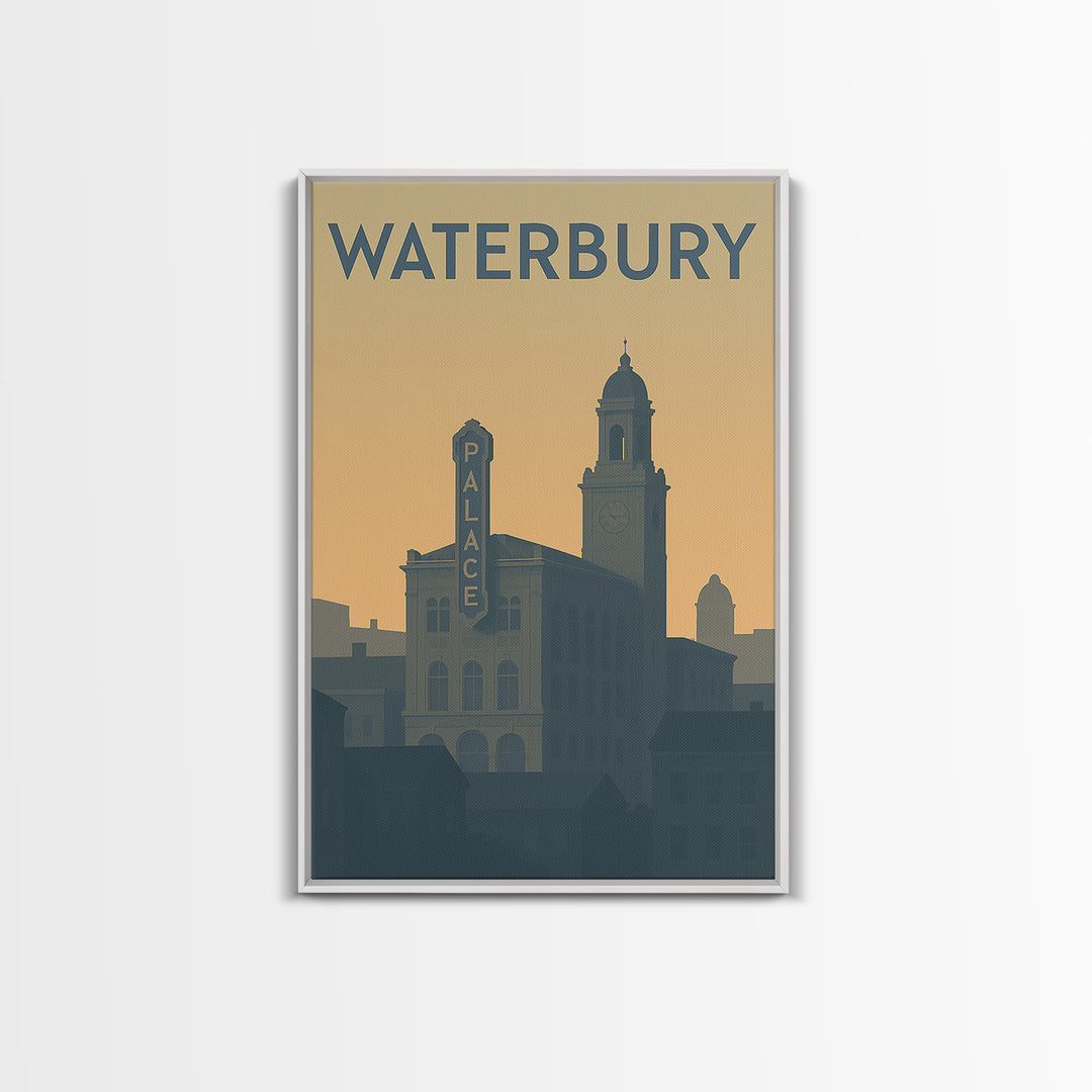 Waterbury Travel Poster, Framed Canvas Print, Minimalist Retro Wall Art, Waterbury Poster Print, Retro Travel Print, Modern Wall Decor