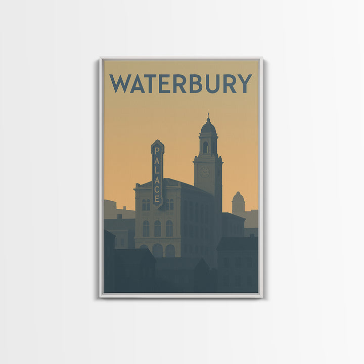 Waterbury Travel Poster, Framed Canvas Print, Minimalist Retro Wall Art, Waterbury Poster Print, Retro Travel Print, Modern Wall Decor