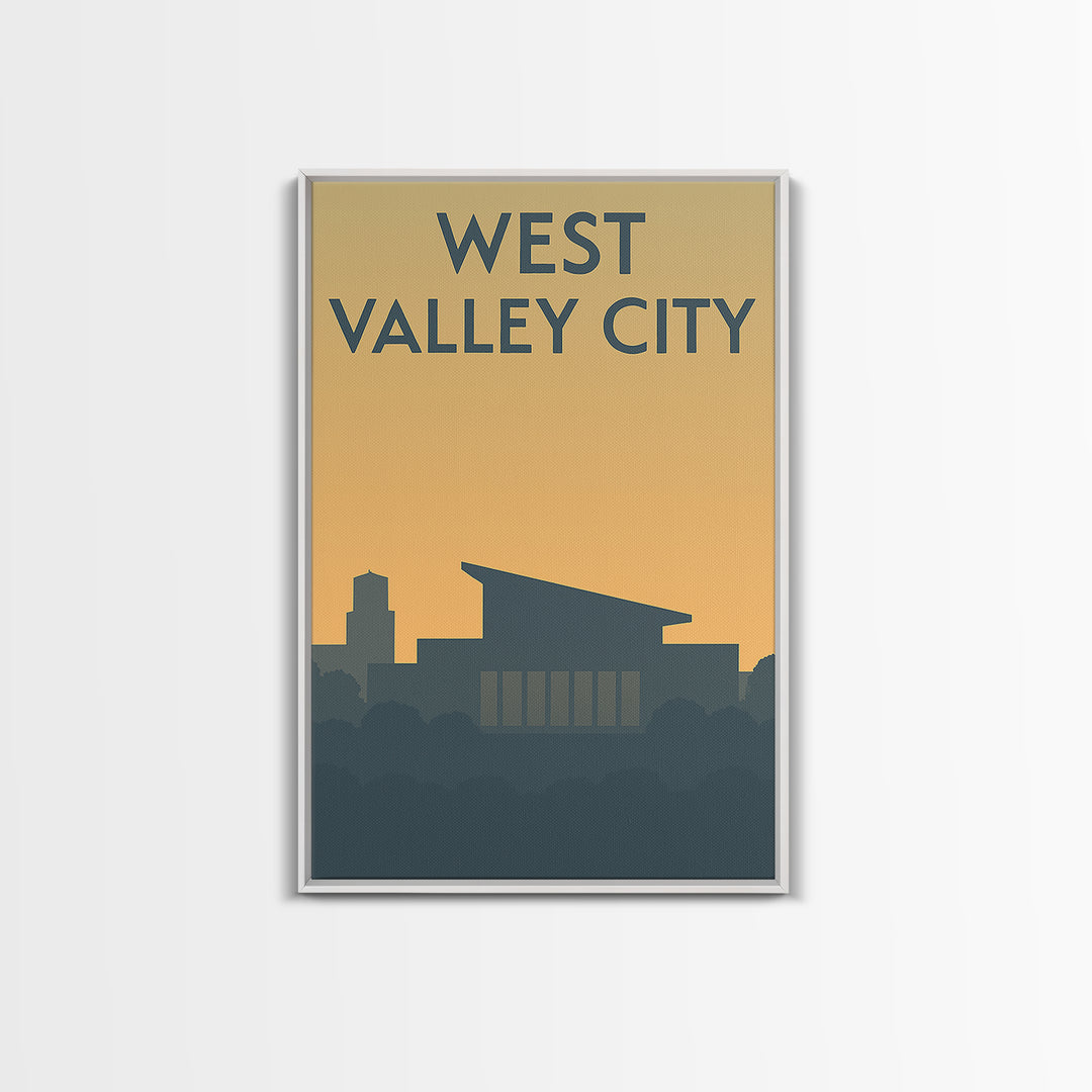 West Valley City Travel Poster, Framed Canvas Print, Minimalist Retro Wall Art, West Valley City City Art, Watercolor Downtown Skyline