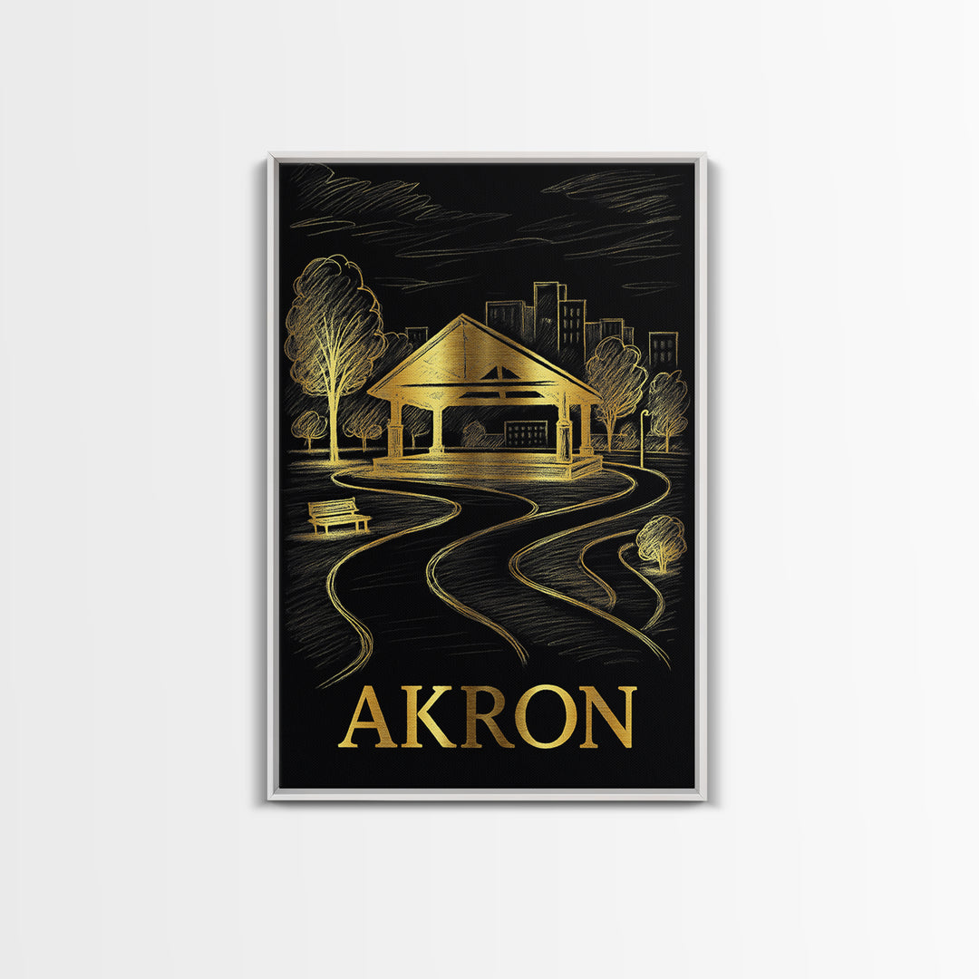 Akron Travel Poster, Framed Canvas Print, Dark Background Poster Art, Akron Art Print, Living Room Wall Art, Vintage City Art, Design 2