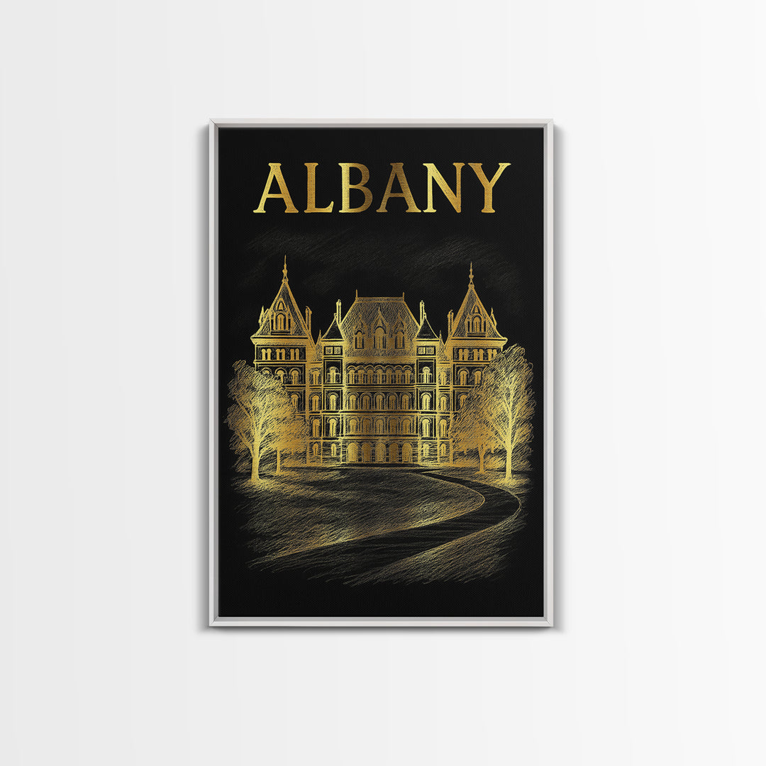 Albany New York Travel Poster, Canvas Print, Elegant Gold City Art, Albany Poster Print, Wanderlust Decor, Retro Travel Print, Travel Art
