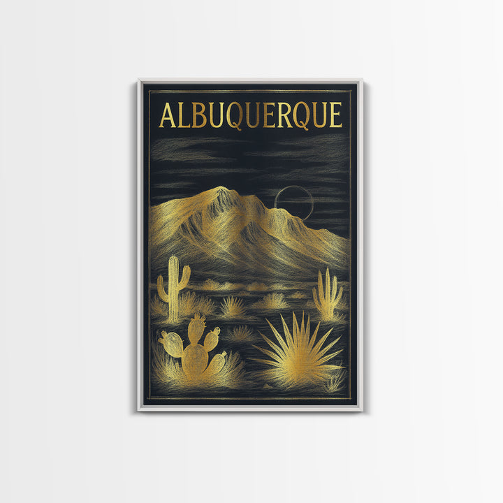Albuquerque New Mexico Travel Poster, Framed Canvas Print, Elegant Gold City Art, Albuquerque Wall Art, Wanderlust Decor, Travel Wall Art