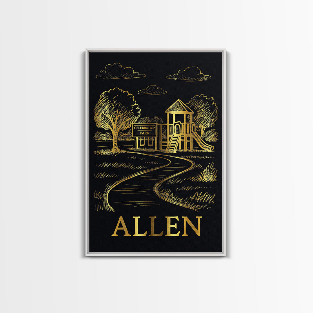 Allen Travel Poster, Canvas Print, Gold Sketch Wall Art, Allen Travel Art, Mid Century Wall Art, Travel Art Print, Watercolor City Skyline